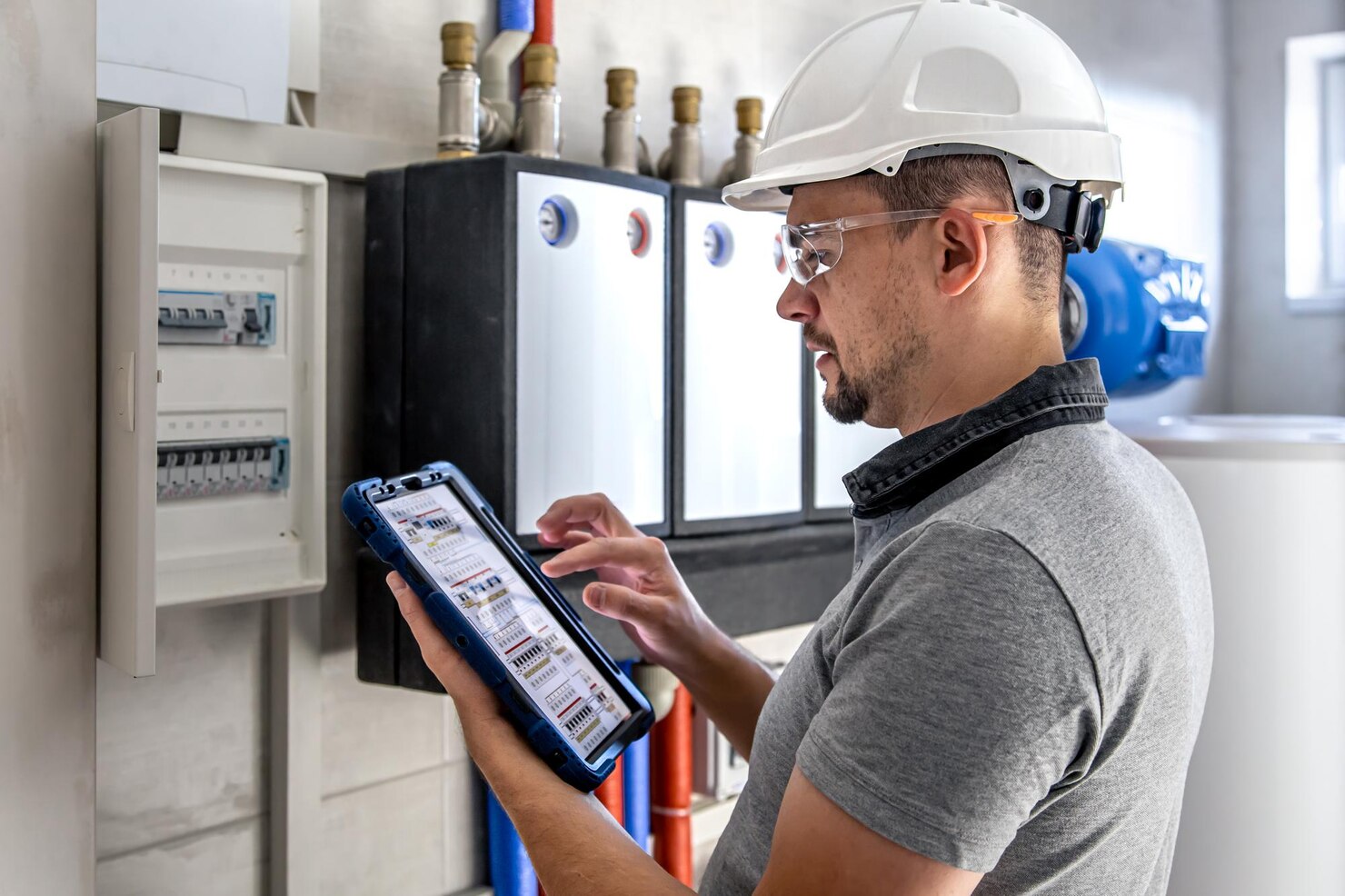 electrical technician looking focused while working switchboard with fuses 169016 23486